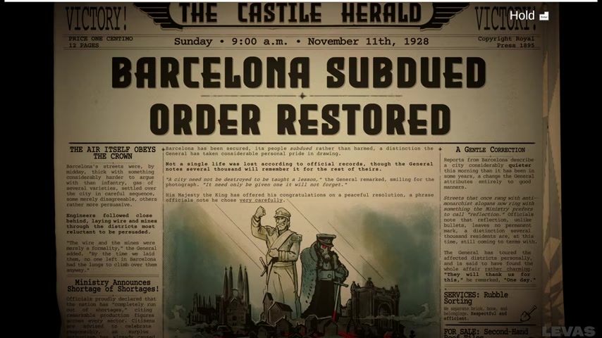 IRON NEST ending newspaper with the headlines Barcelona Subdued and Order Restored.