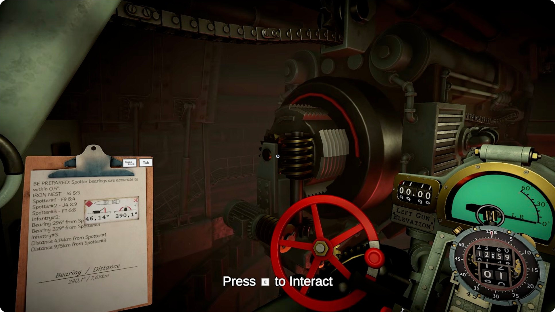 Turret interior view showing target information and interaction prompt during the ammo cache engagement