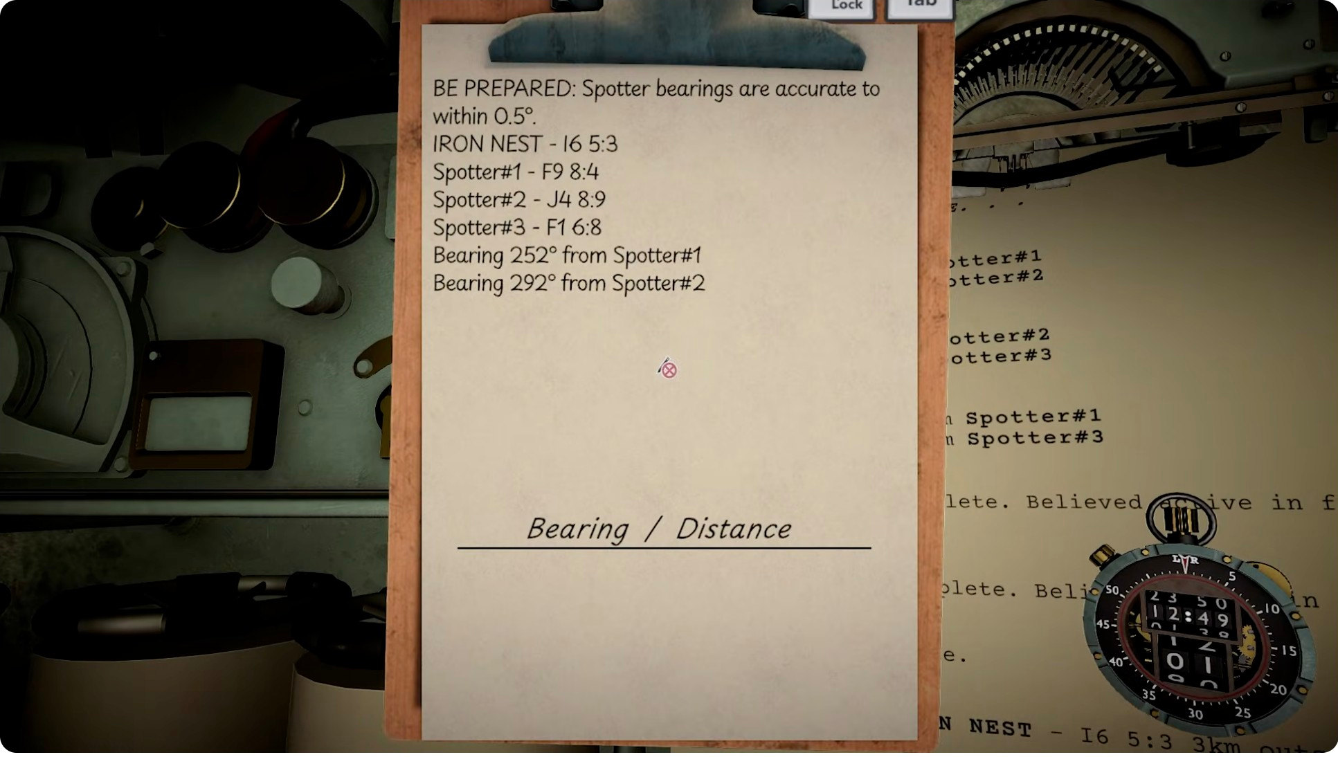 Mission briefing clipboard showing spotter positions and initial target data
