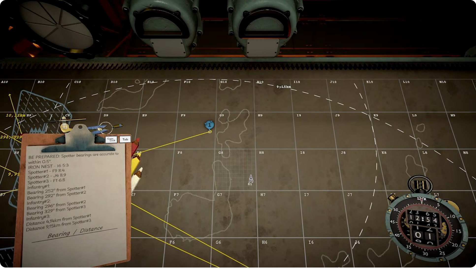 Full mission briefing clipboard showing "BE PREPARED" header with spotter and infantry target data