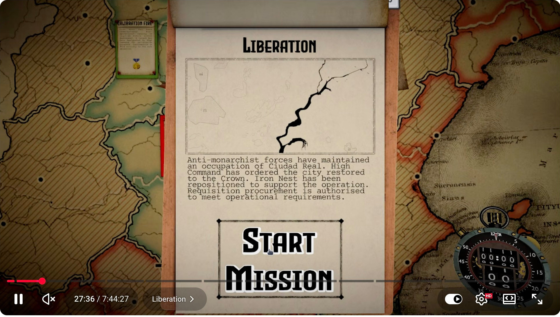 Liberation mission start screen showing the briefing card title "LIBERATION" over the Ciudad Real map
