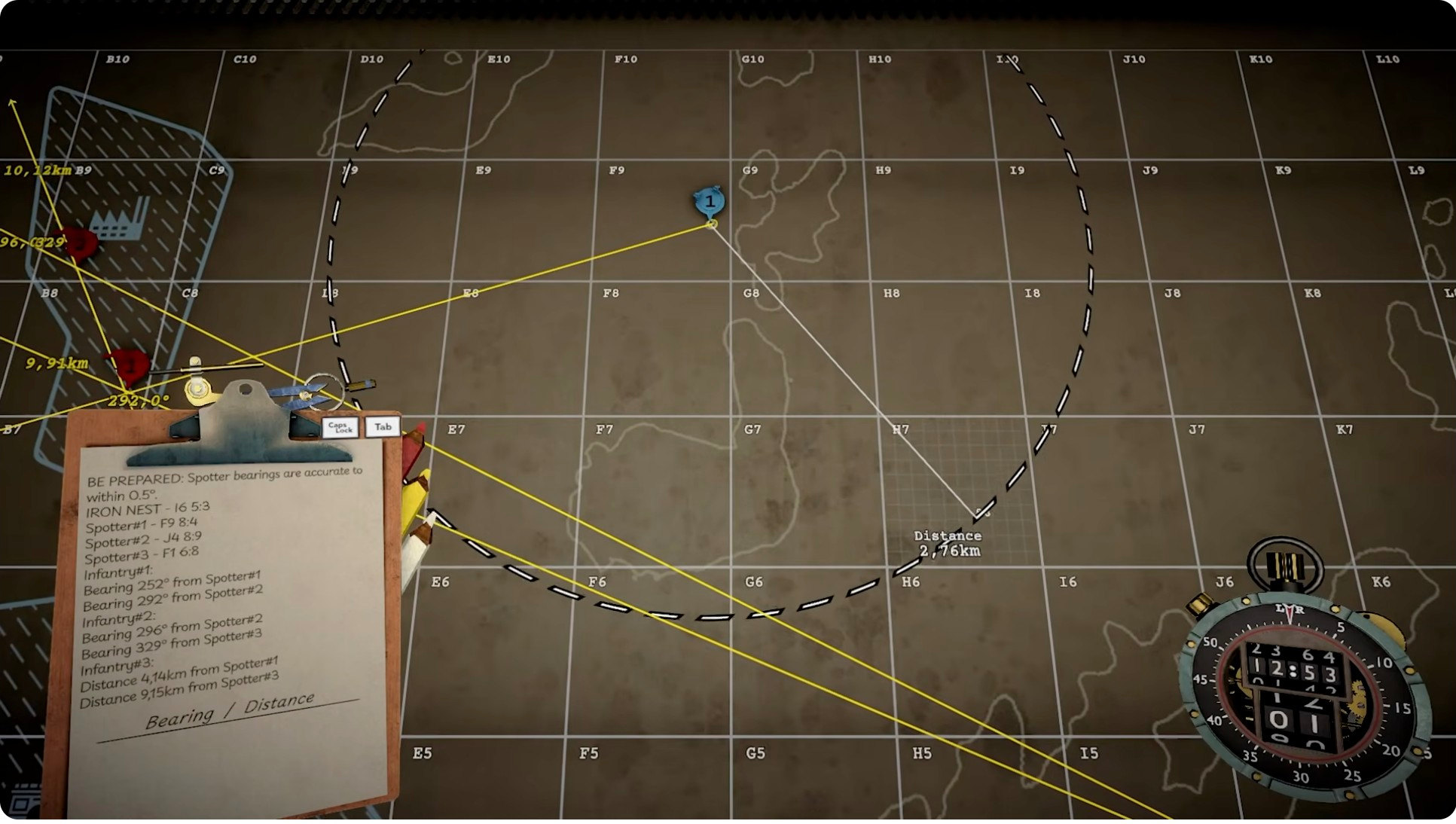 Tactical map showing triangulation lines and a 2.46 km distance measurement to a target