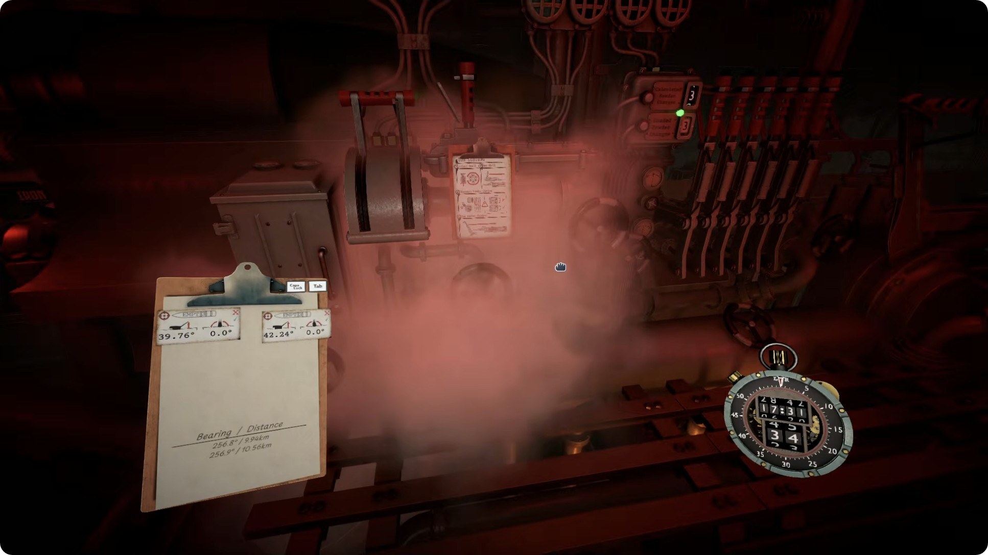 The turret room filled with battle smoke; the spotting board listing fresh contacts