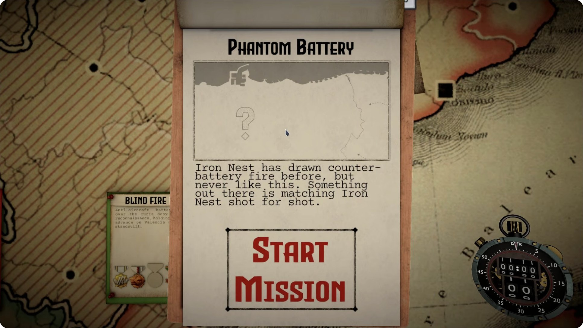 Mission briefing card reading "PHANTOM BATTERY — Iron Nest has drawn counter-battery fire before, but never like this. Something out there is matching Iron Nest shot for shot."