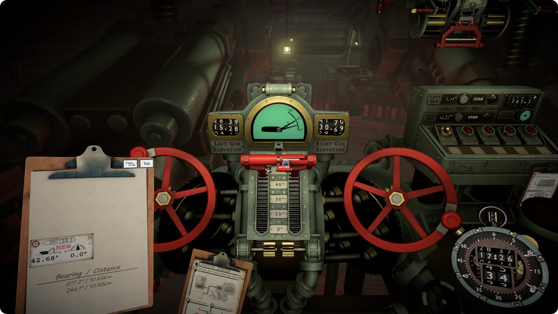 The gunnery station: LEFT GUN ELEVATION and RIGHT GUN ELEVATION wheels, sights, and shell scale