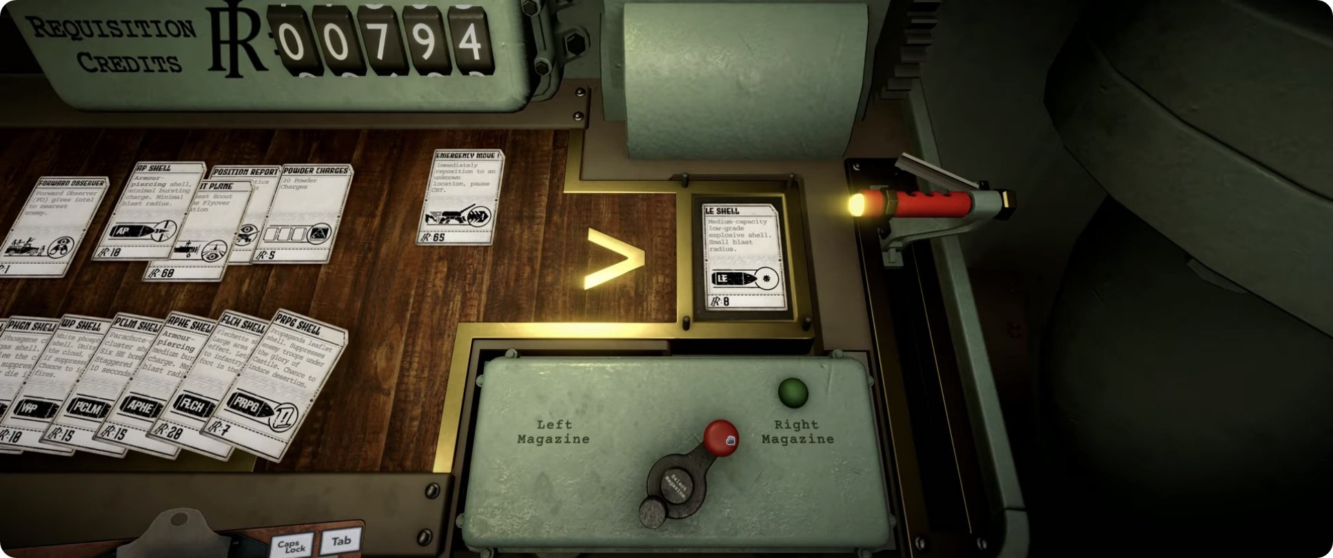 In-mission requisition upgrade screen with Left Magazine and Right Magazine panels and perk cards