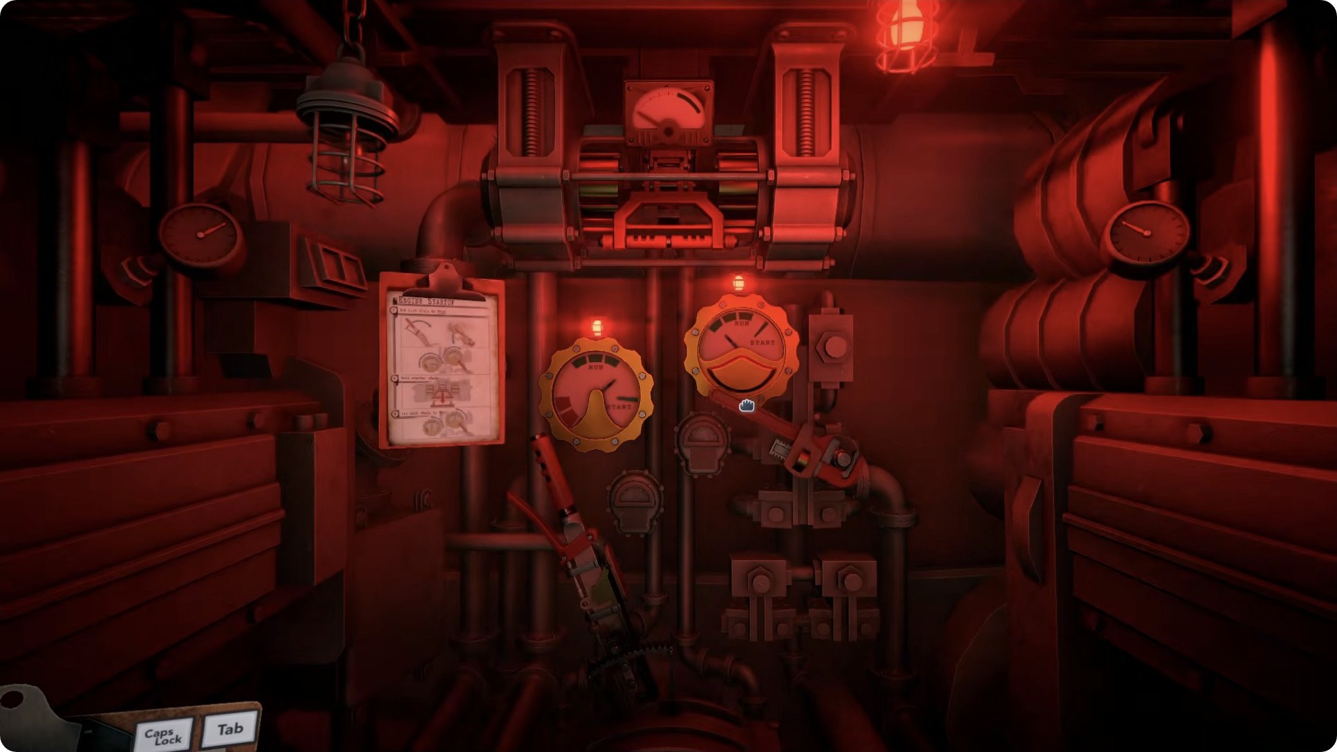 Mission opening: the turret interior under red emergency lighting, damaged, with unidentified target silhouettes