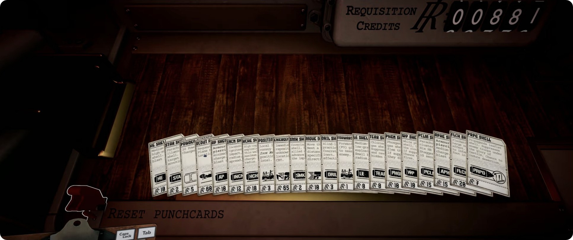 Requisition punchcard wall with a visible PHANTOM BATTERY punchcard among completed missions