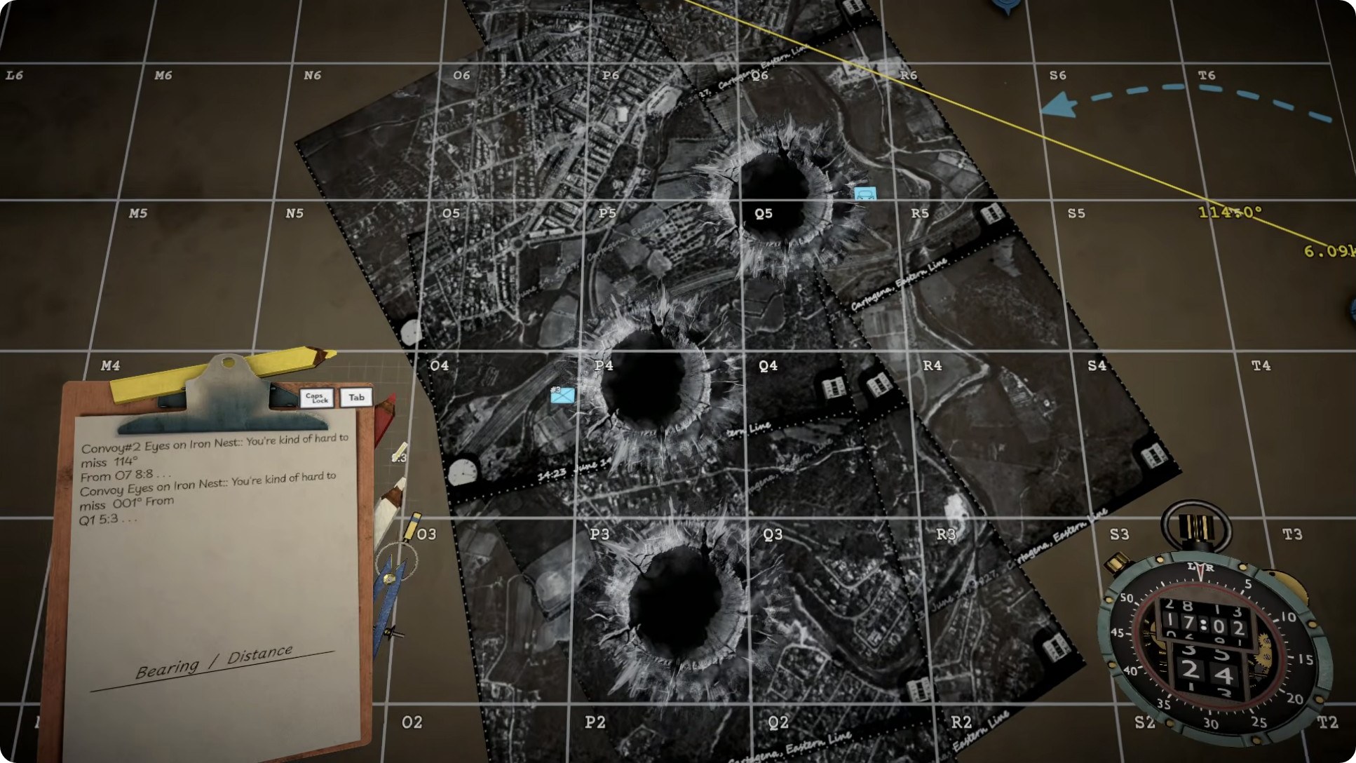 Tactical map with grid coordinates, a spotting board listing contacts, and enemy craters marked